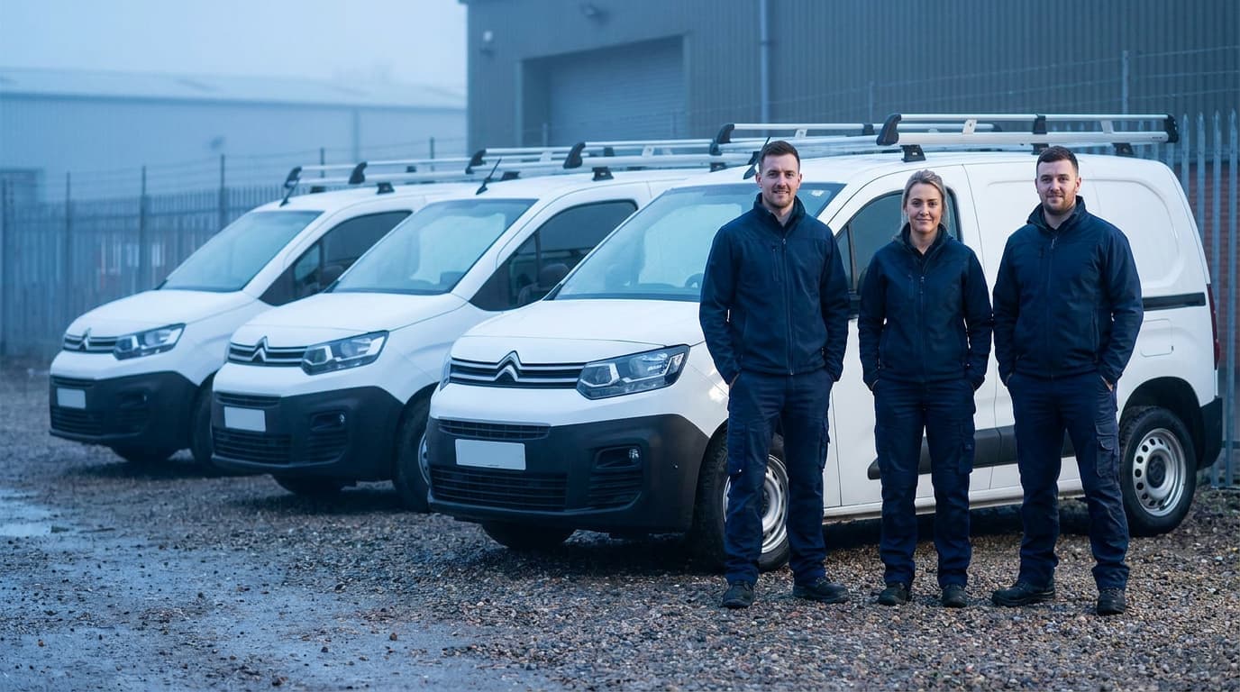 Field service crew standing in front of their work vans