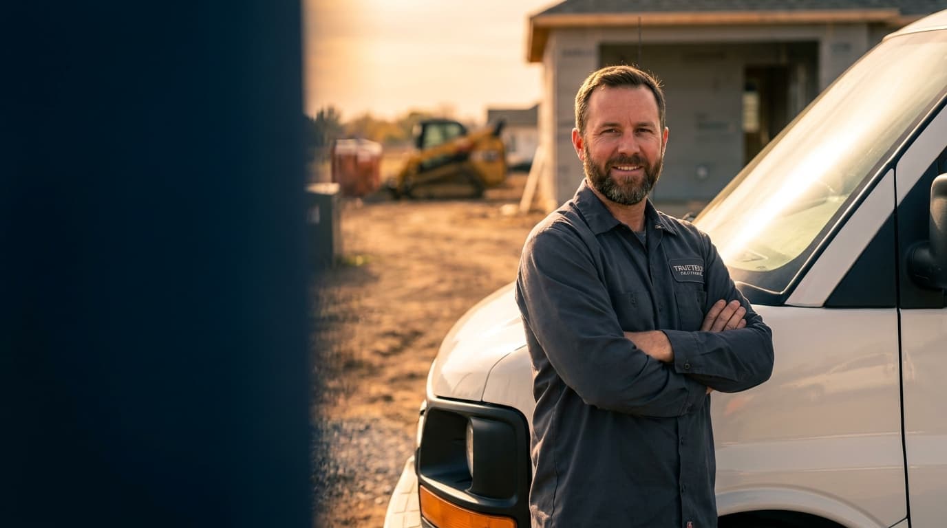 Service company owner beside his work van