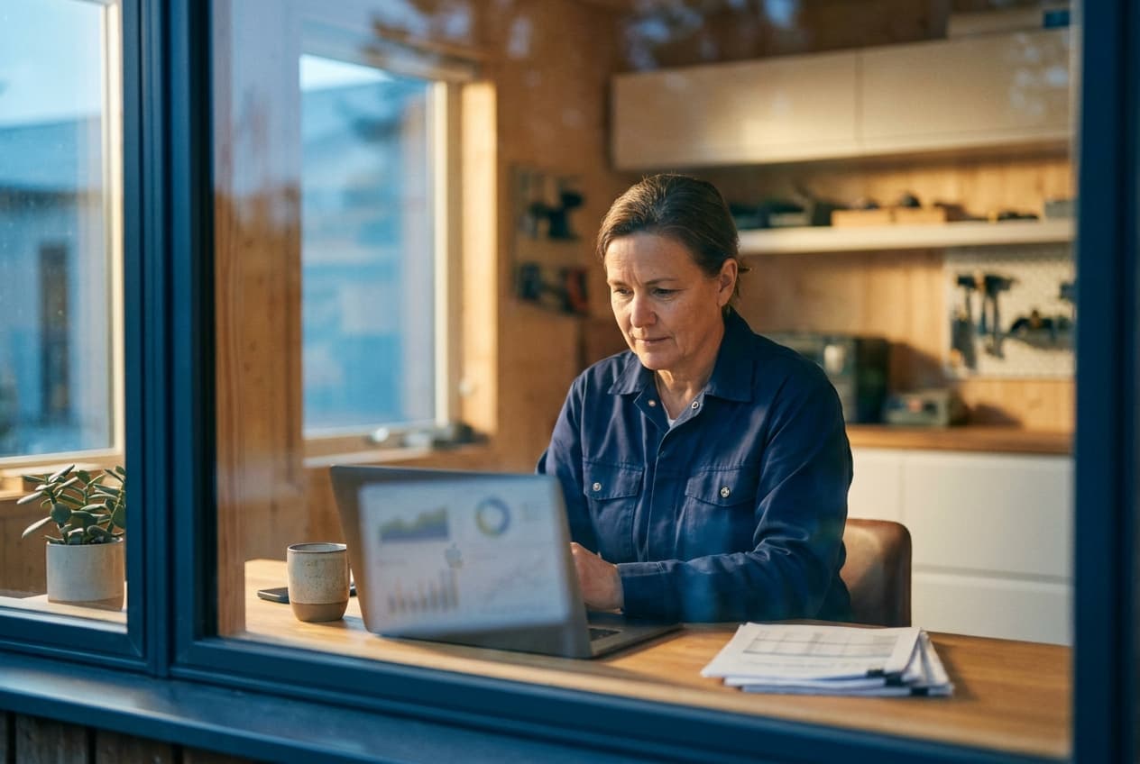 Service business owner reviewing the numbers on a laptop